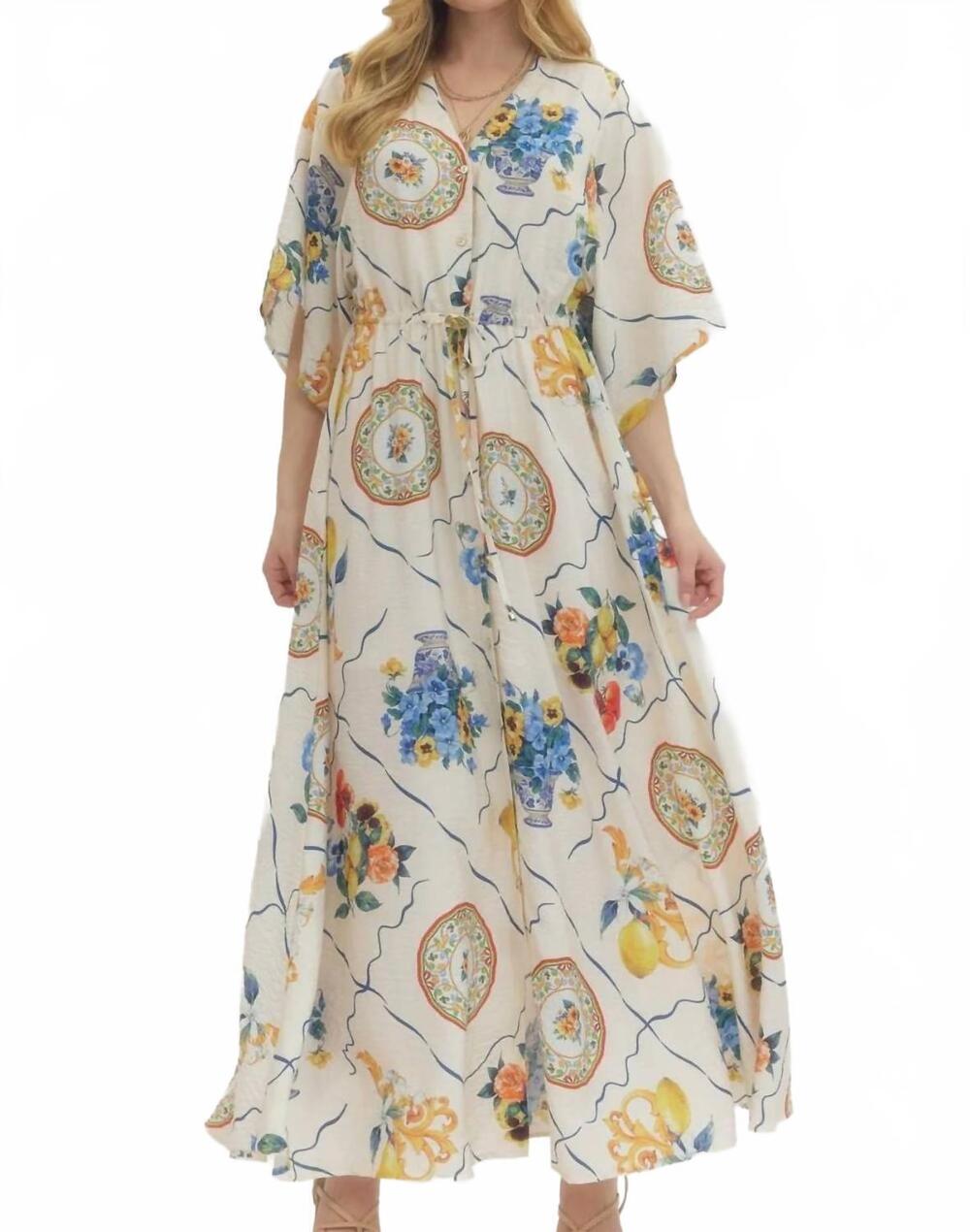 NEW ENTRO print short sleeved maxi dress in royal multi
